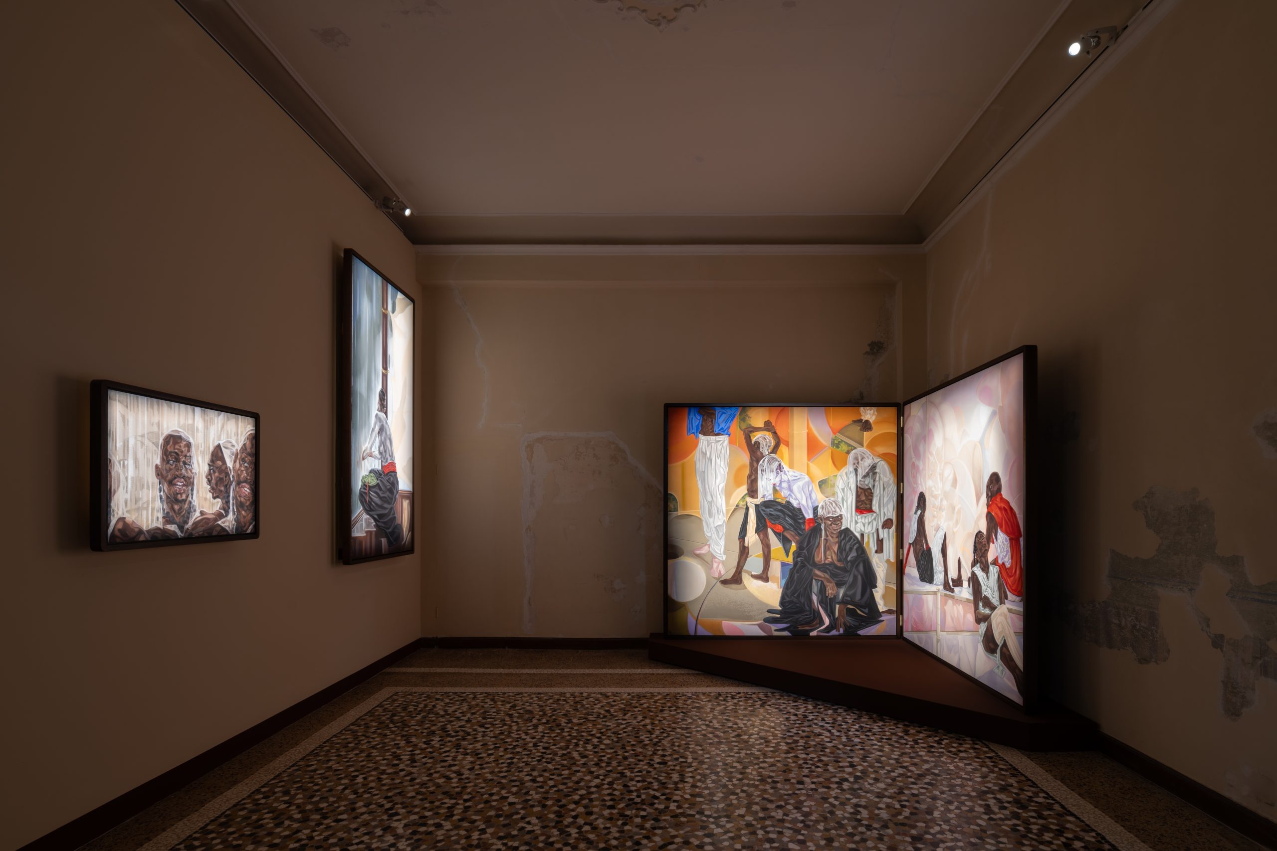 Toyin Ojih Odutola, Far Left: Congregation, 2023; Left Corner: Onye ụtụtụ (Morning Person), 2023; Far Right Corner: Lẹhin Mgbede (After the Evening's Performance), 2023-2024. Installation view, Nigeria Imaginary at the Nigeria Pavilion at the 60th International Art Exhibition — La Biennale di Venezia. MARCO CAPPELLETI STUDIO / MUSEUM OF WEST AFRICAN ART (MOWAA).